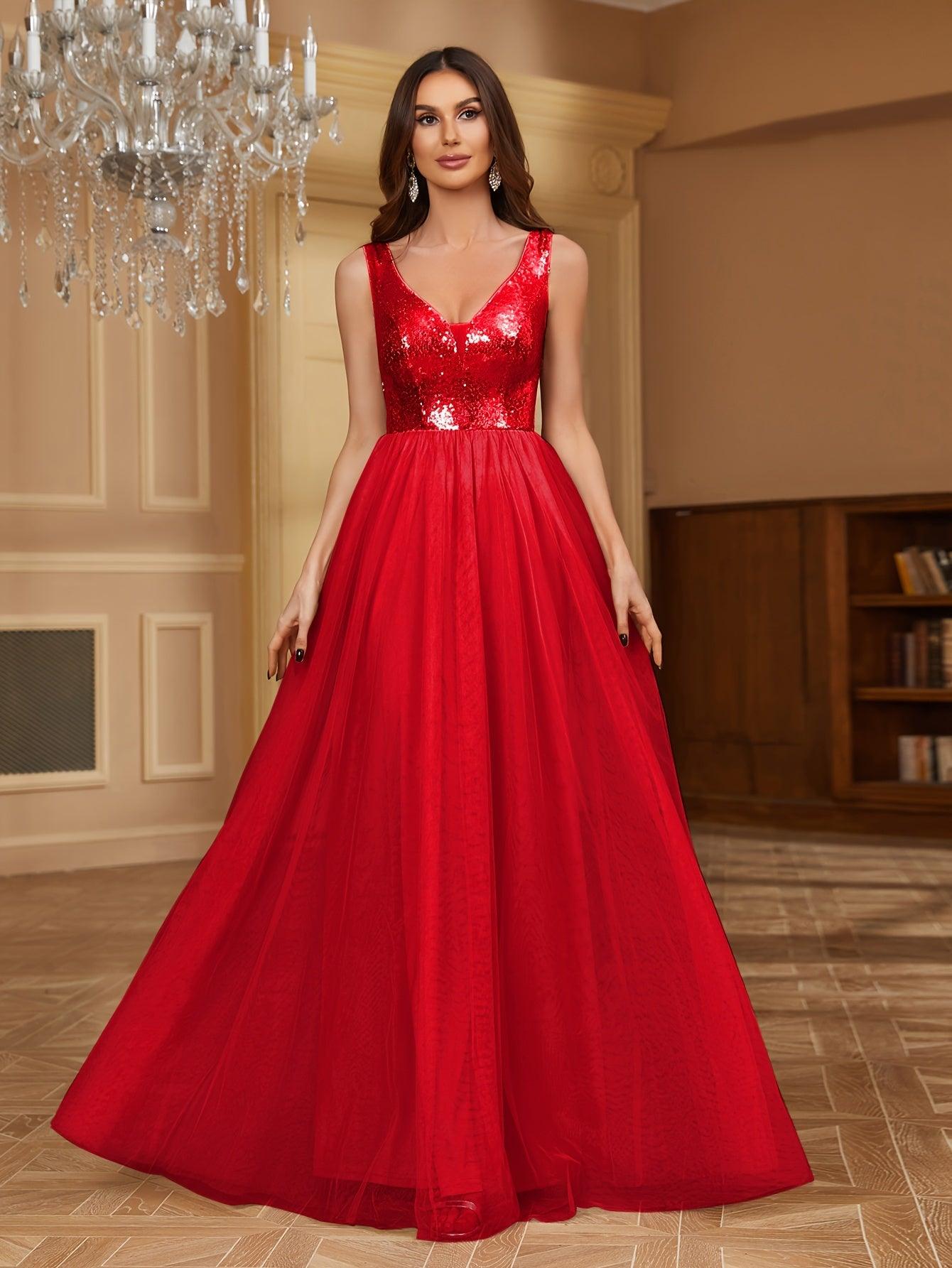 Vestido de Tule com Decote Profundo de Paetês