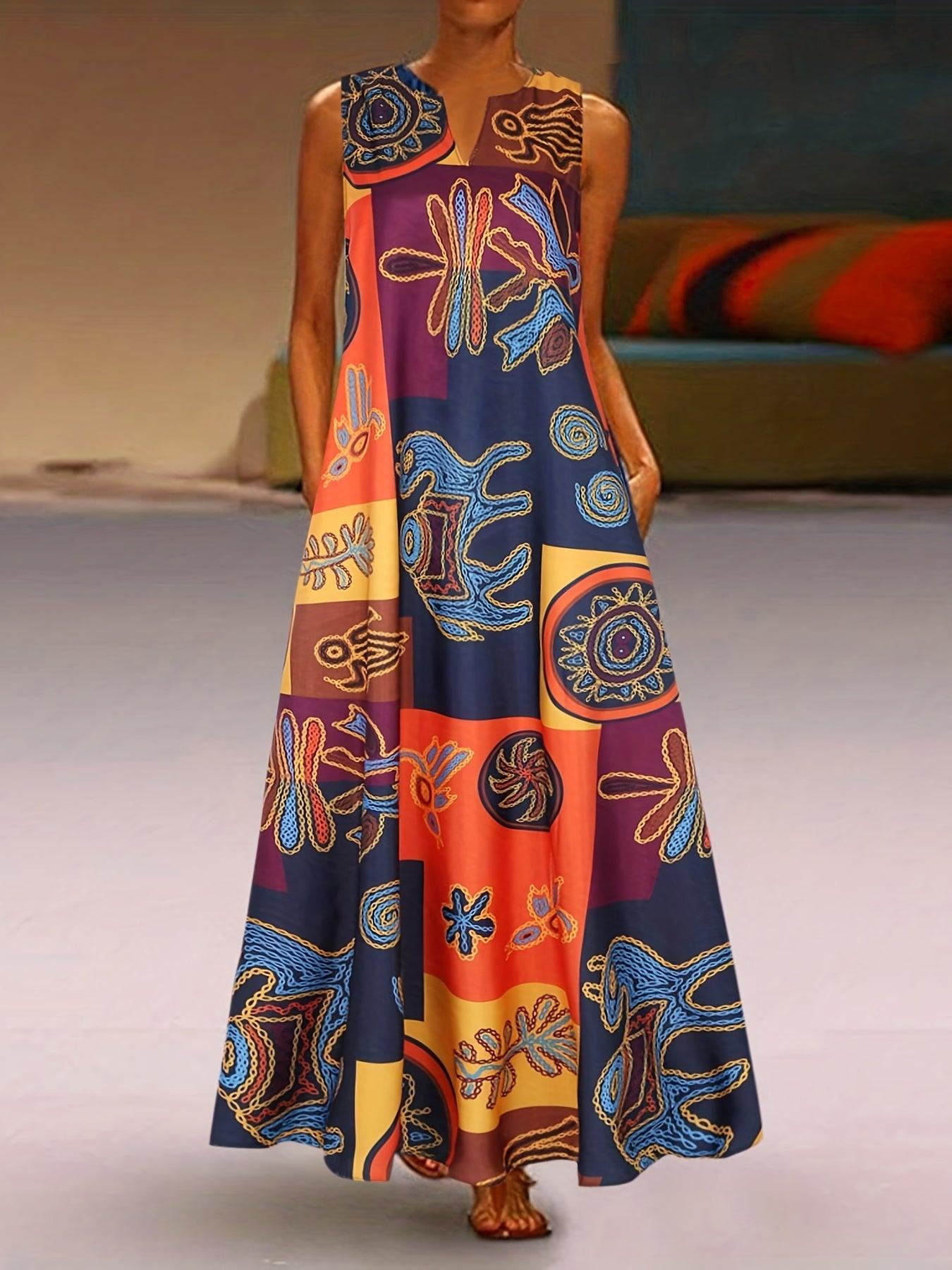 Vestido Estampado Étnico com Decote em V