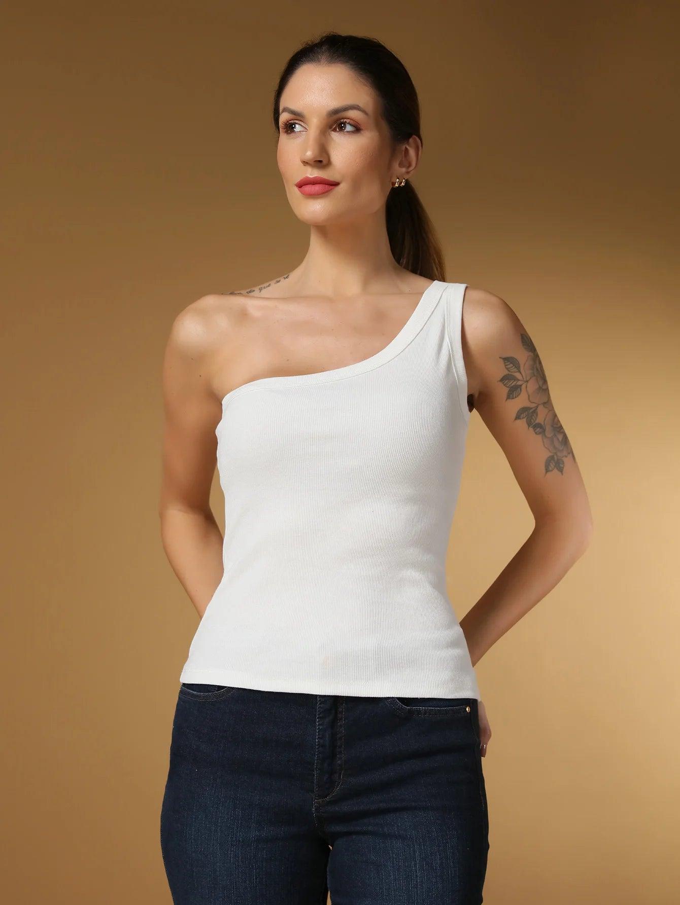Blusa Cropped Feminina de Alça Larga Assimétrica, Ombro Único, Versátil para o Verão