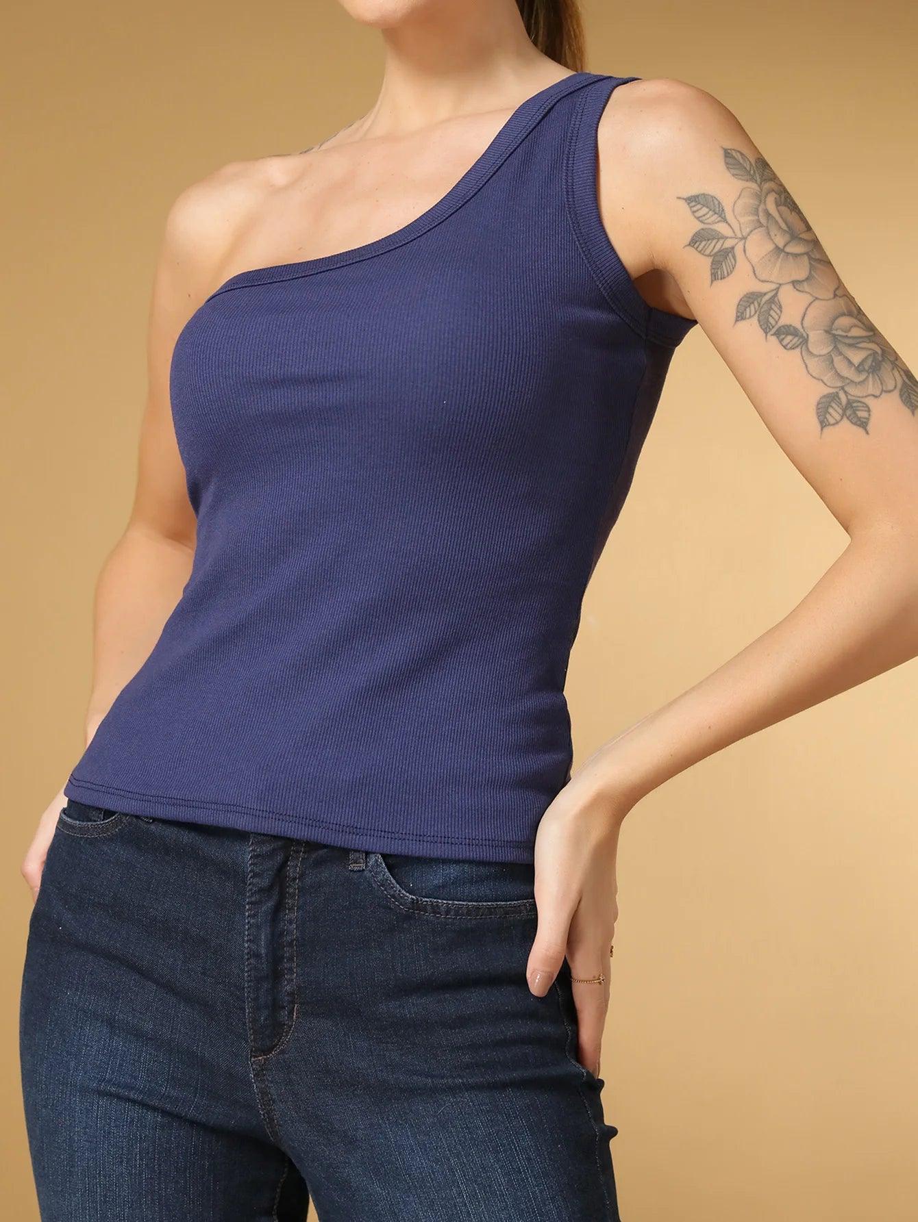 Blusa Cropped Feminina de Alça Larga Assimétrica, Ombro Único, Versátil para o Verão