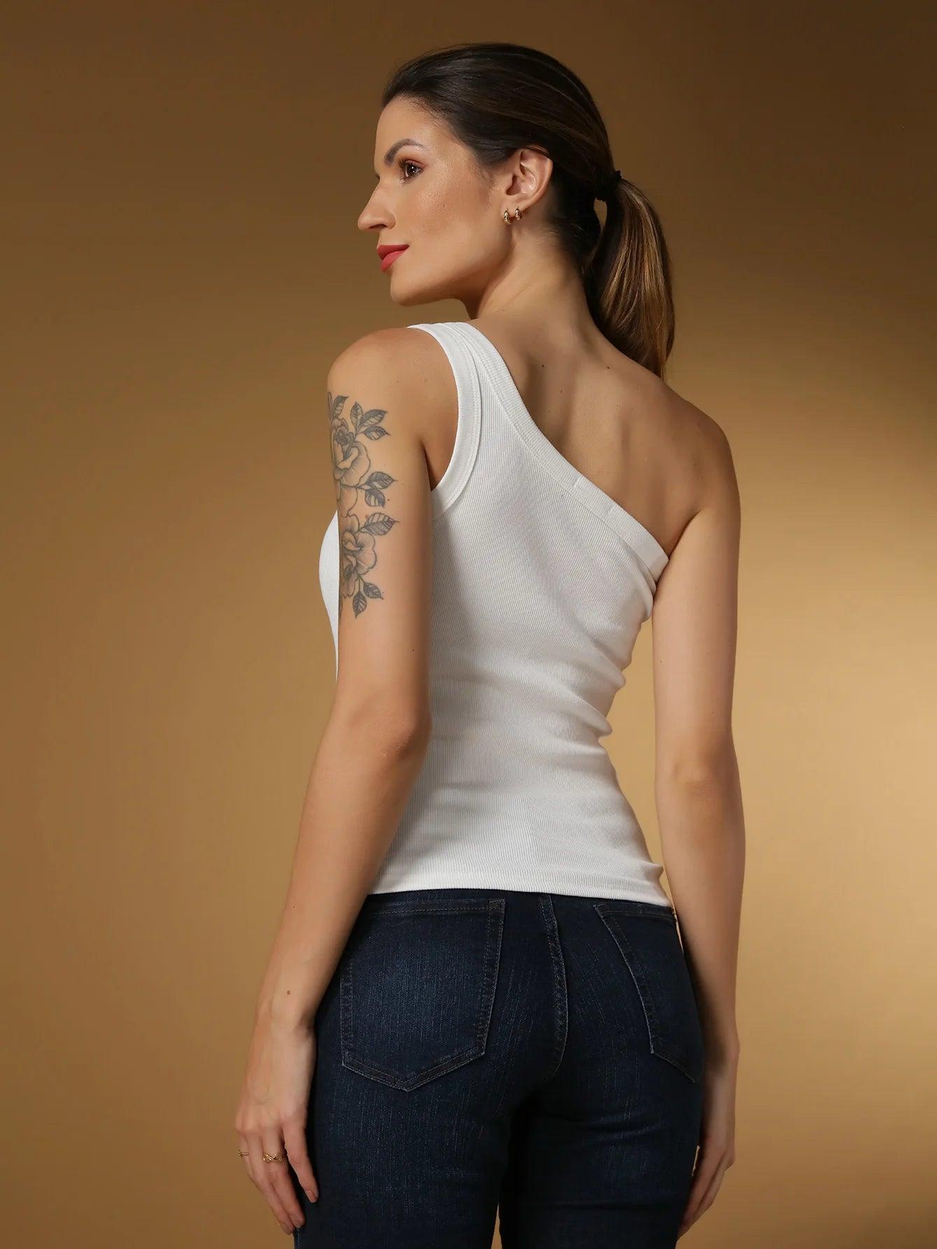 Blusa Cropped Feminina de Alça Larga Assimétrica, Ombro Único, Versátil para o Verão