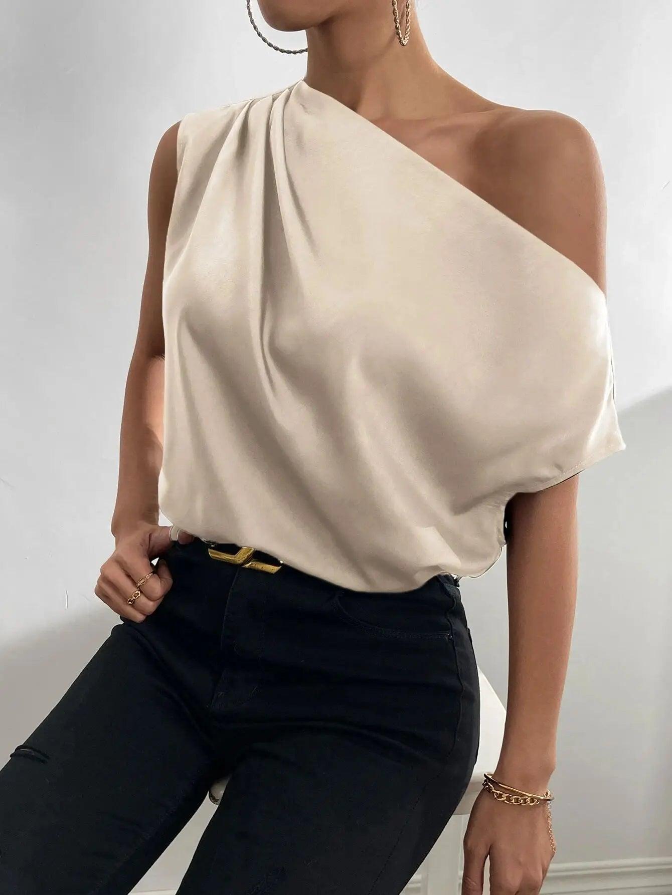 Blusa sexy feminina verão moda versátil inclinado pescoço dobrável ombro único assimétrico tanque superior Ж naoе Ру sikhl.). camiseta femme