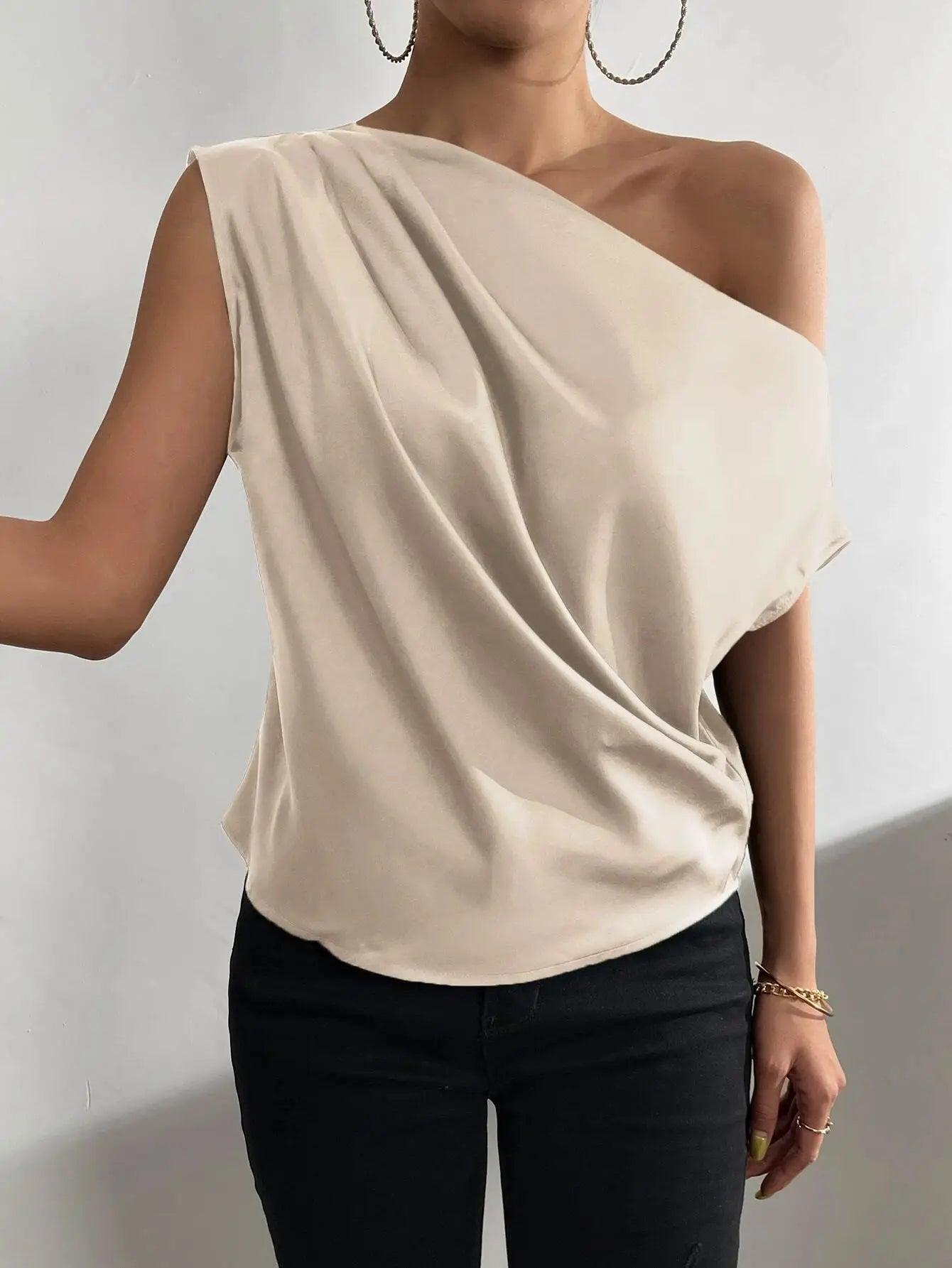 Blusa sexy feminina verão moda versátil inclinado pescoço dobrável ombro único assimétrico tanque superior Ж naoе Ру sikhl.). camiseta femme