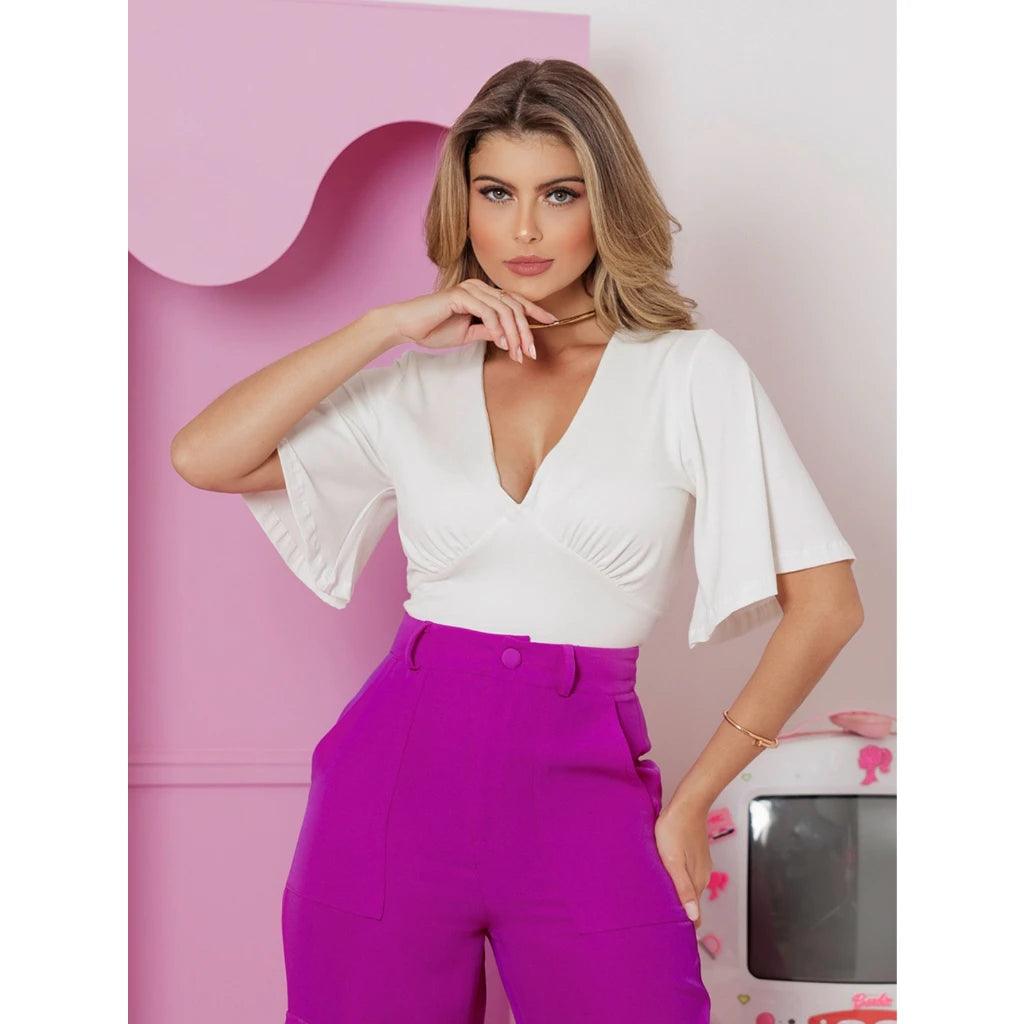 Blusa Cropped Decote V Manga Ampla Elegante Envio Rápido