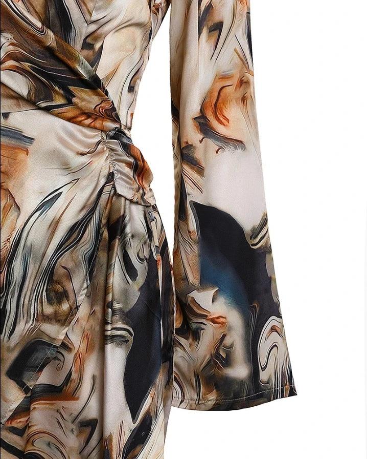Vestido com estampa abstrata de mármore feminino manga comprida, vestidos elegantes, decote em v, zíper, moda primavera e verão, 2024