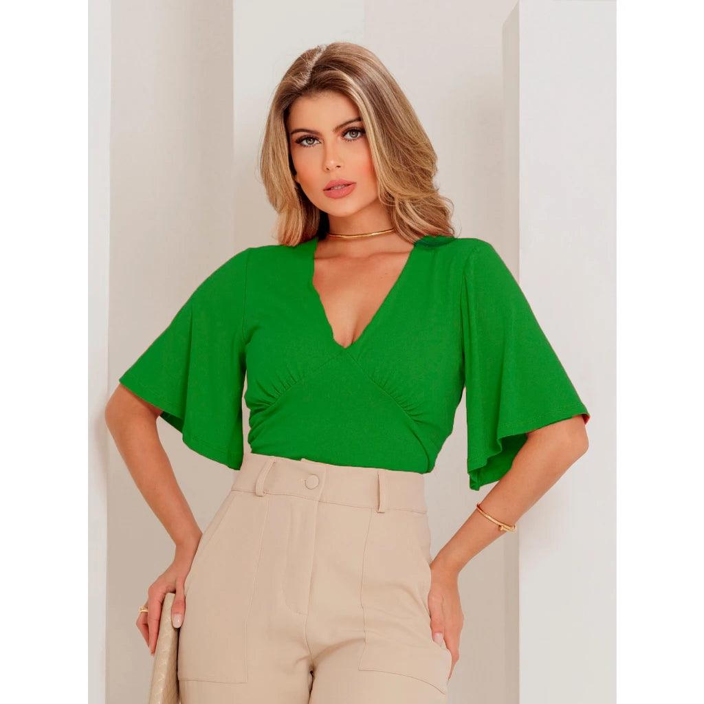 Blusa Cropped Decote V Manga Ampla Elegante Envio Rápido