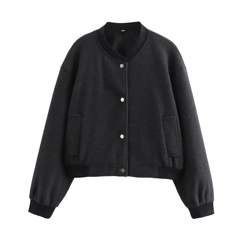 Jaqueta bomber feminina cropped TRAF, casacos de manga comprida, casacos elegantes de tweed, bege e preto, novidade em 2021, 2024