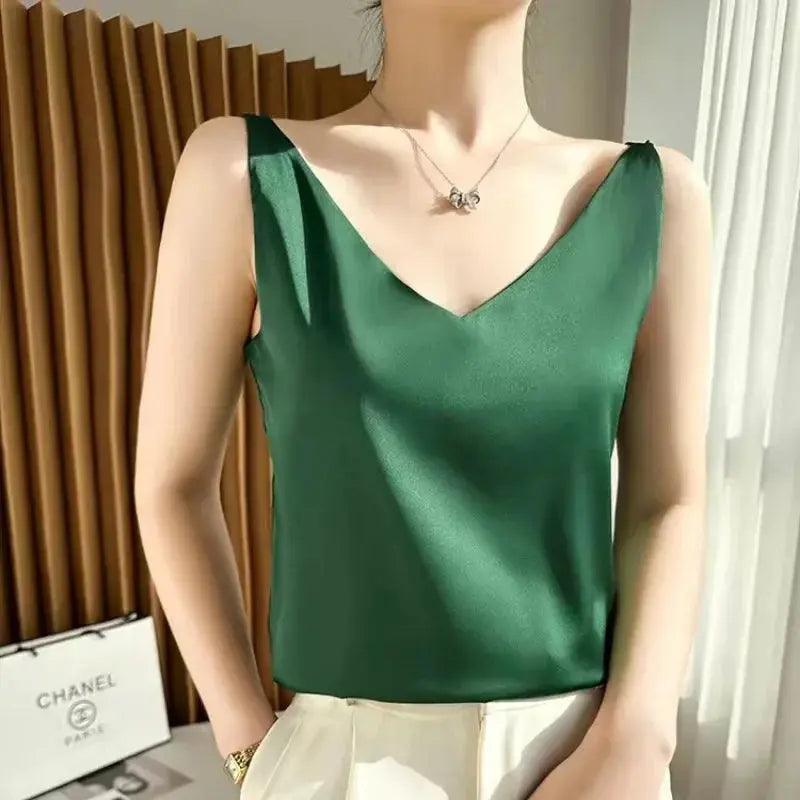 Mulheres Cetim Seda Renda com Decote V Regatas Tops, Colete Sem Mangas, Blusa Casual, Camisa Lady, Verão, S-3XL