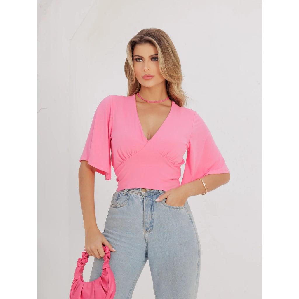 Blusa Cropped Decote V Manga Ampla Elegante Envio Rápido