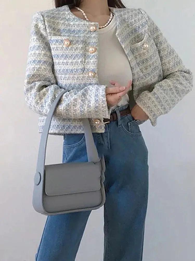 Itoolin outono inverno feminino elegante tweed cardigan casaco curto com bolso único breasted jaqueta para mulher solto outwear 2024