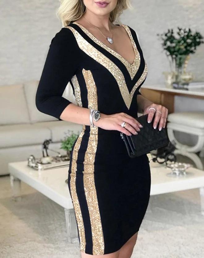 Vestido de lantejoulas com decote em v feminino, vestido elegante sexy, contraste, roupa feminina, nova moda, 2022, 2024