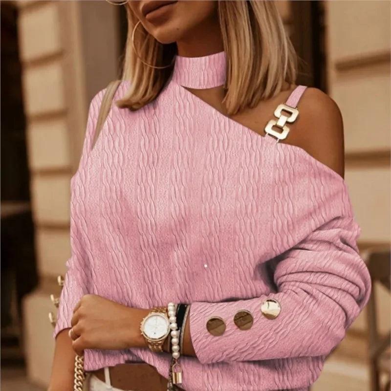 Blusa feminina branca fora do ombro, camisa de corrente sexy, pescoço pendurado, tops de botões, moda elegante, roupas femininas, primavera e outono, 2024