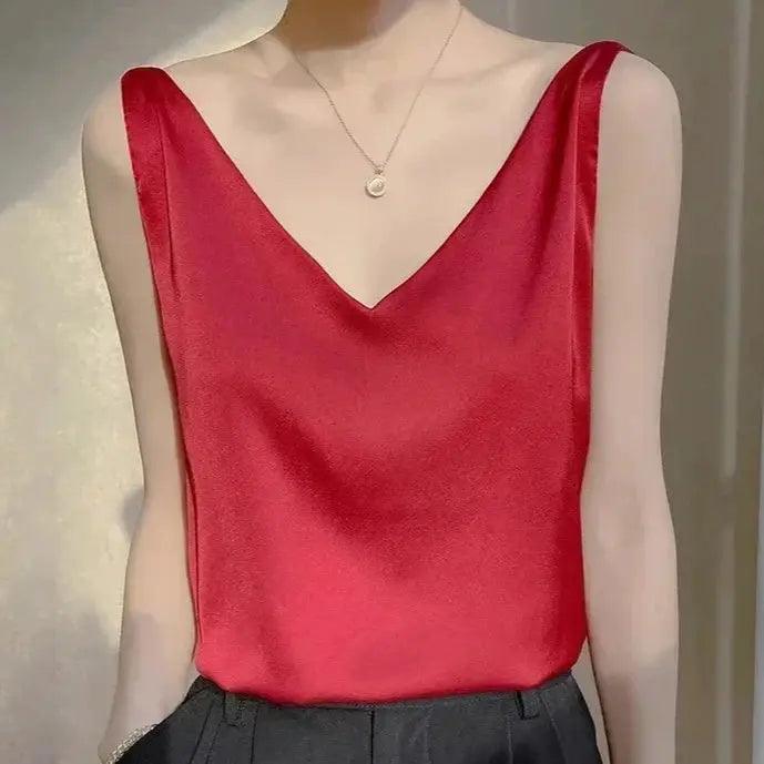 Mulheres Cetim Seda Renda com Decote V Regatas Tops, Colete Sem Mangas, Blusa Casual, Camisa Lady, Verão, S-3XL