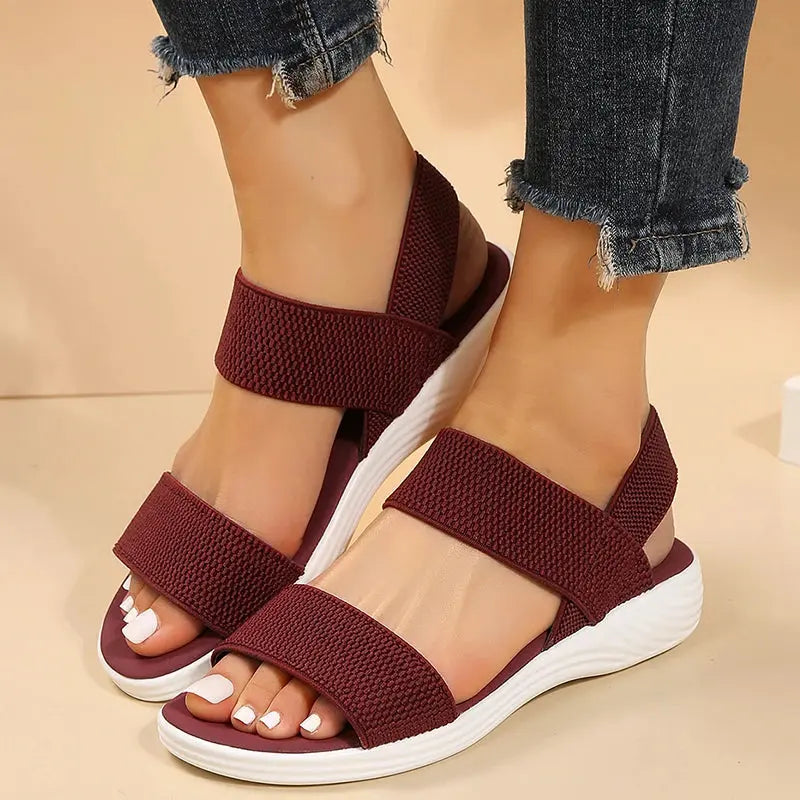 Sandálias femininas de tecido elástico de malha, sapatos de caminhada leves, deslizamento confortável, plus size, verão, 2023
