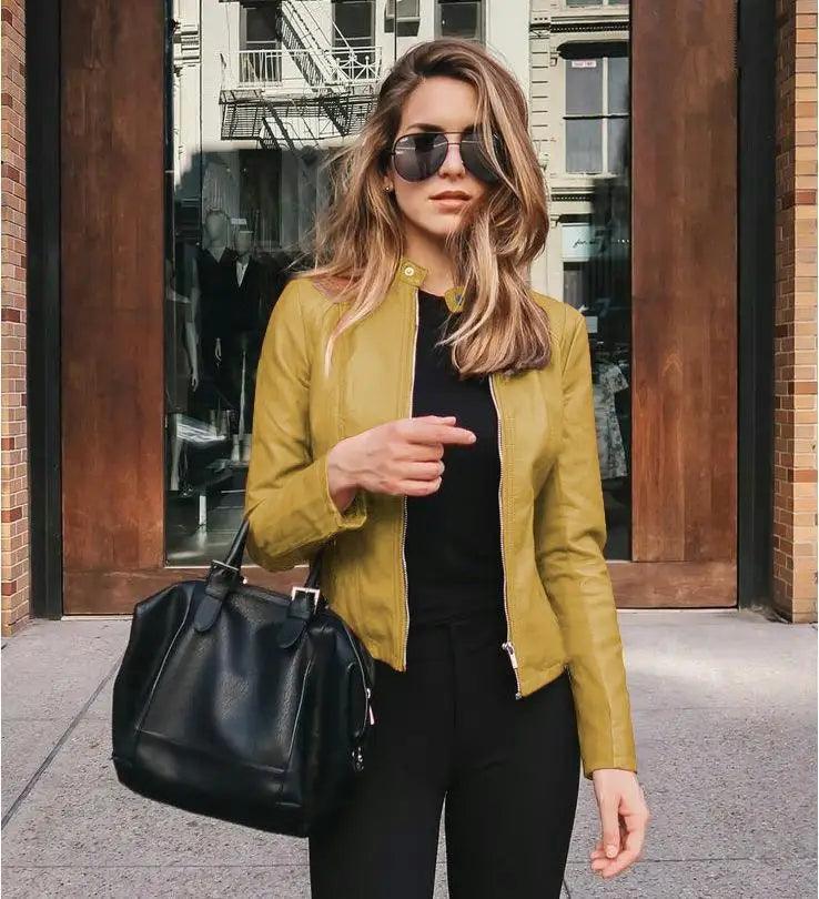 Outwear feminino de couro PU, jaqueta feminina curta e fina, casaco de bicicleta com zíper, moda outono e inverno 2024
