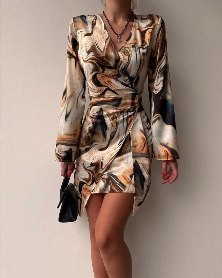 Vestido com estampa abstrata de mármore feminino manga comprida, vestidos elegantes, decote em v, zíper, moda primavera e verão, 2024