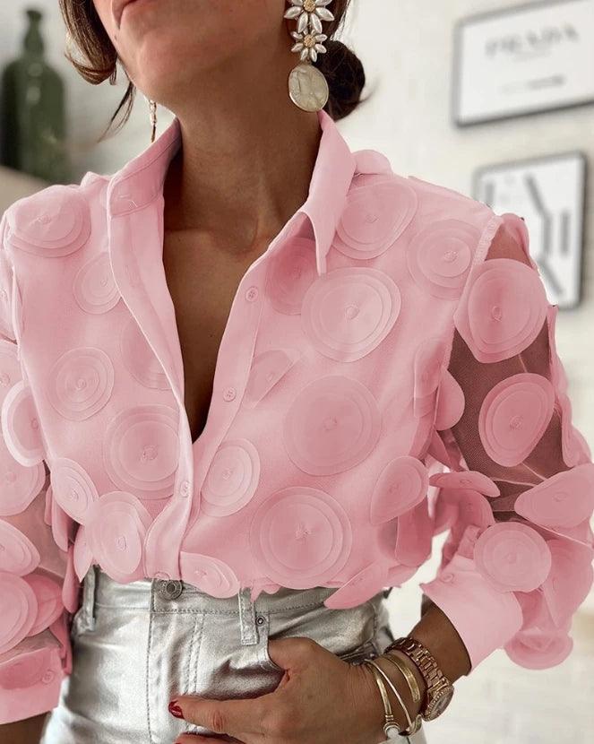 Top de manga comprida com padrão floral feminino, patch de malha semi-pura, botão casual, blusas elegantes soltas, na moda