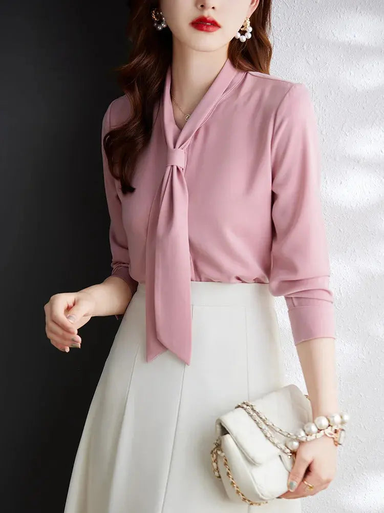 Coreano moda roupas mulheres camisa sólida cetim drapejado arco pescoço manga comprida amarelo elegante luxo blusas feminino senhora top 2022