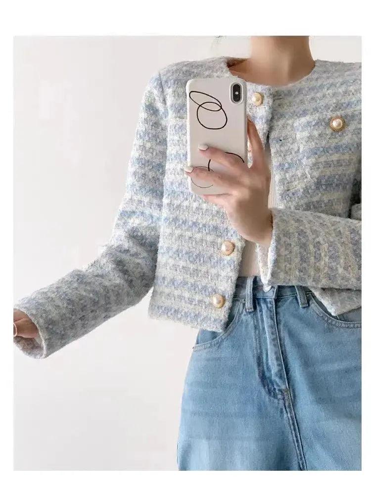 Itoolin outono inverno feminino elegante tweed cardigan casaco curto com bolso único breasted jaqueta para mulher solto outwear 2024