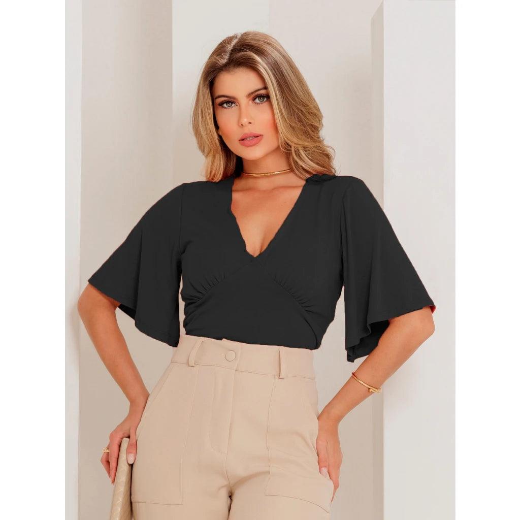 Blusa Cropped Decote V Manga Ampla Elegante Envio Rápido