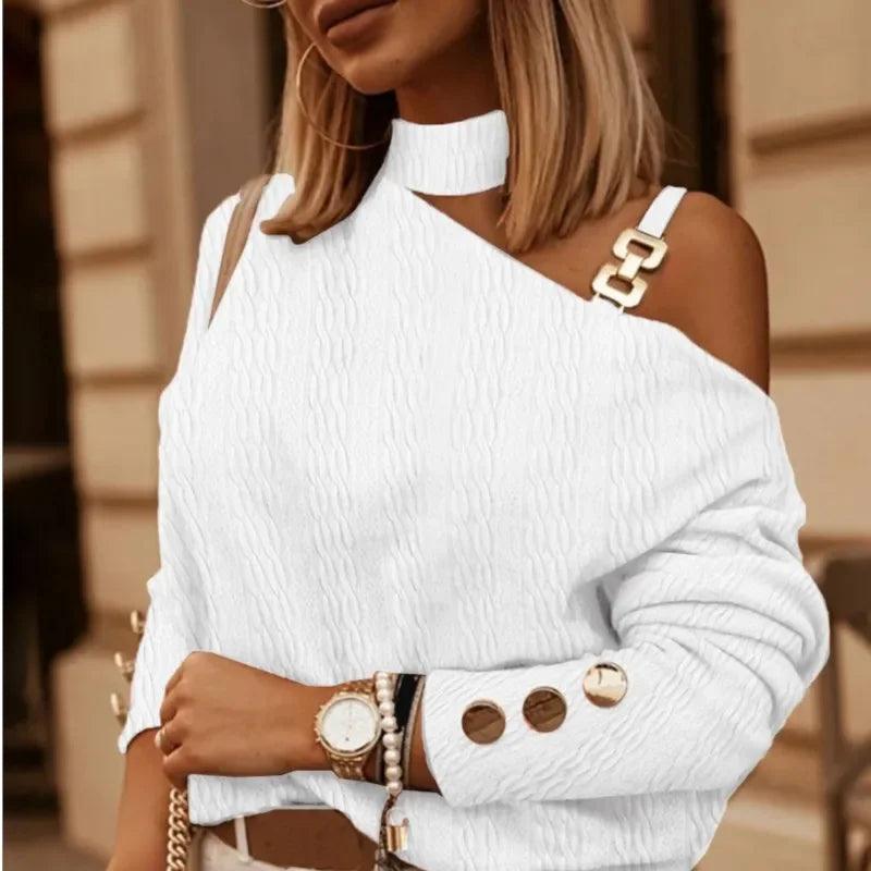 Blusa feminina branca fora do ombro, camisa de corrente sexy, pescoço pendurado, tops de botões, moda elegante, roupas femininas, primavera e outono, 2024