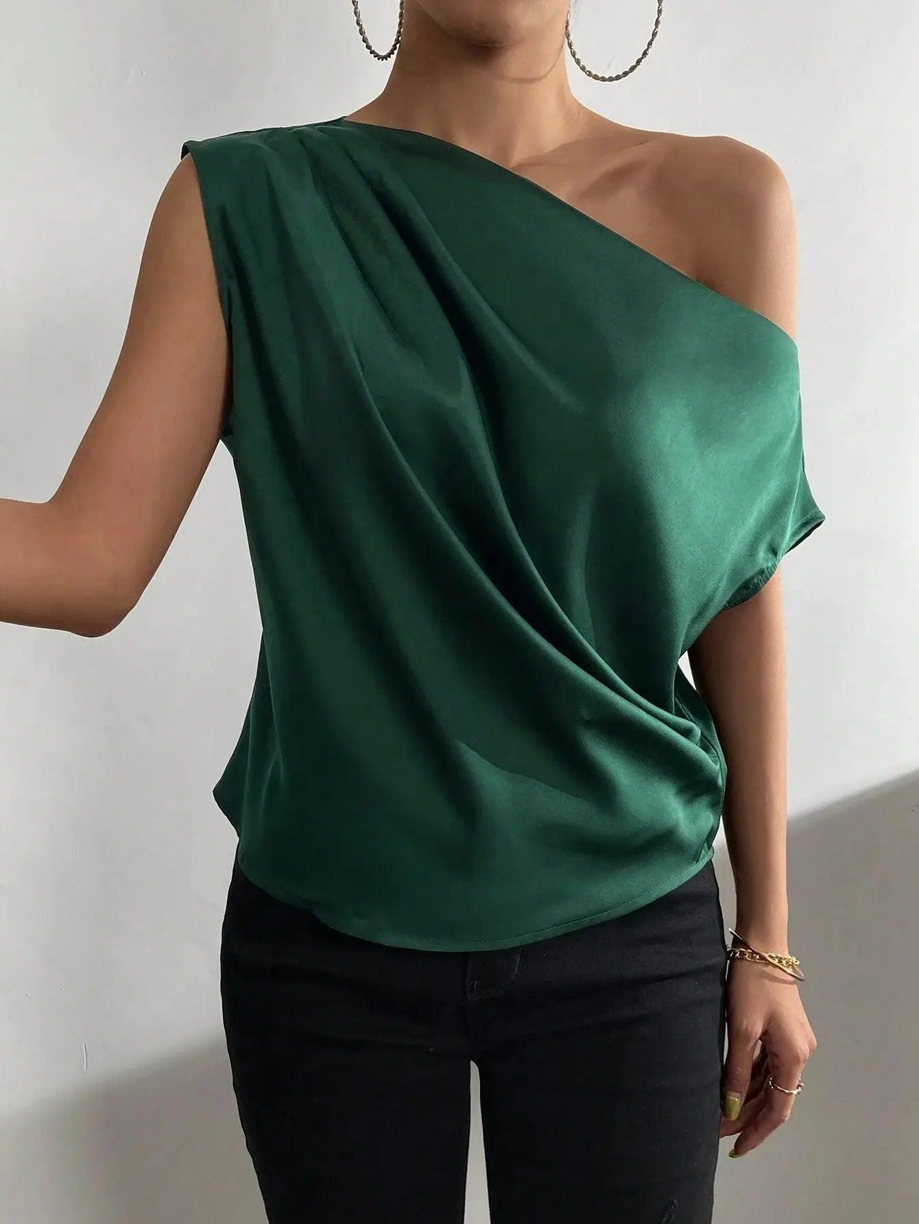 Blusa sexy feminina verão moda versátil inclinado pescoço dobrável ombro único assimétrico tanque superior Ж naoе Ру sikhl.). camiseta femme