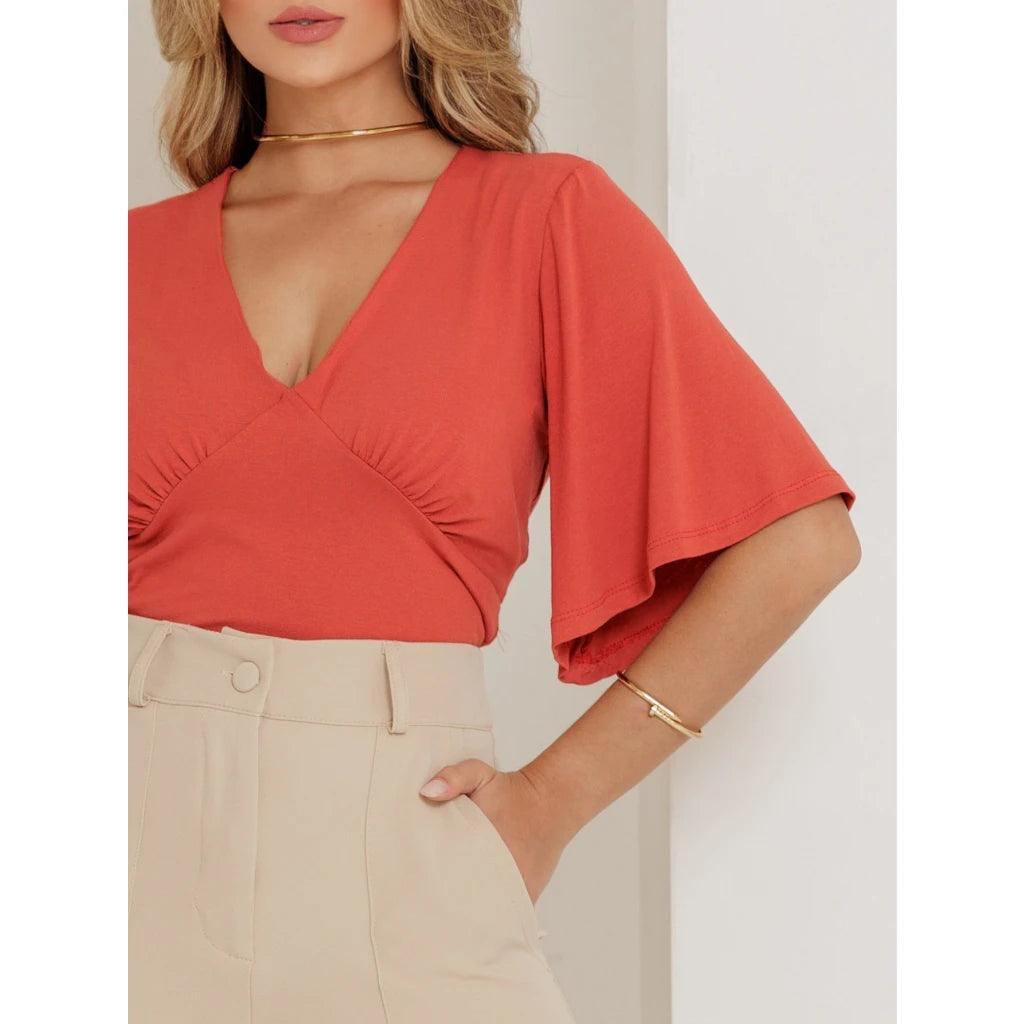 Blusa Cropped Decote V Manga Ampla Elegante Envio Rápido