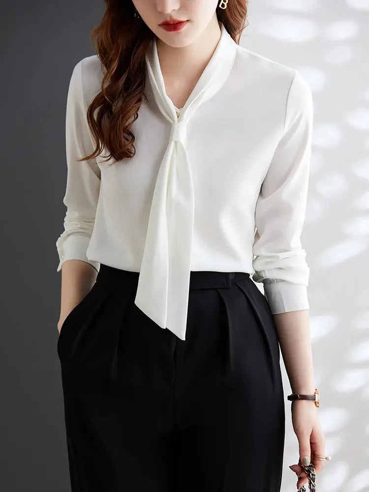 Coreano moda roupas mulheres camisa sólida cetim drapejado arco pescoço manga comprida amarelo elegante luxo blusas feminino senhora top 2022