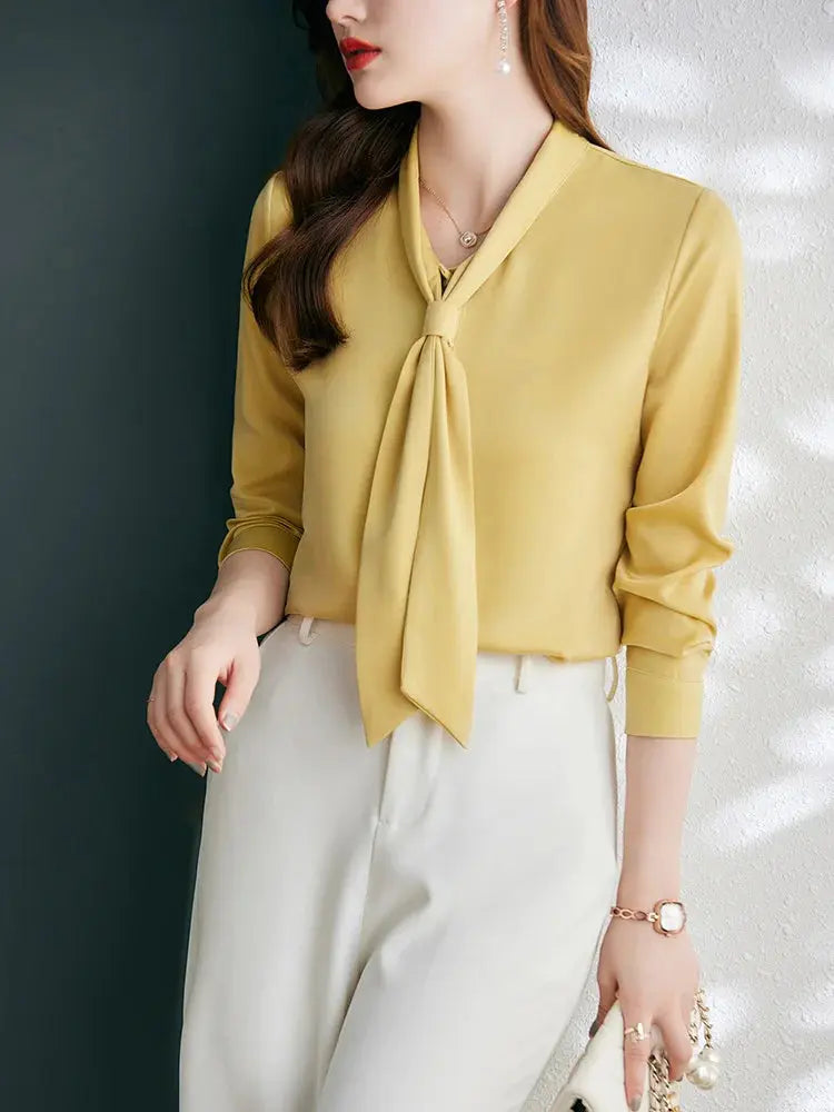 Coreano moda roupas mulheres camisa sólida cetim drapejado arco pescoço manga comprida amarelo elegante luxo blusas feminino senhora top 2022