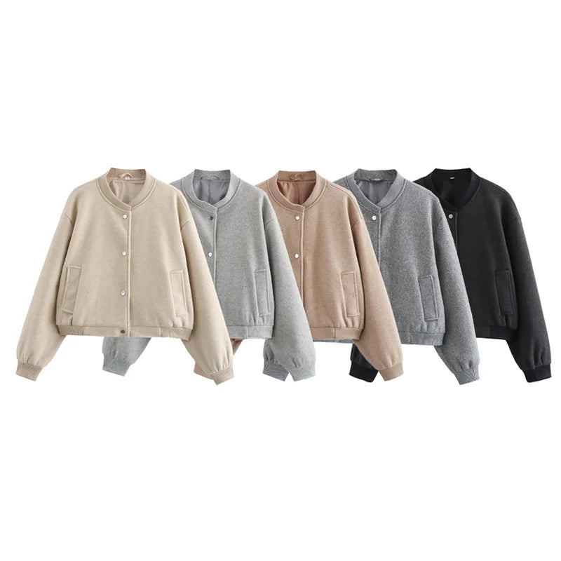 Jaqueta bomber feminina cropped TRAF, casacos de manga comprida, casacos elegantes de tweed, bege e preto, novidade em 2021, 2024