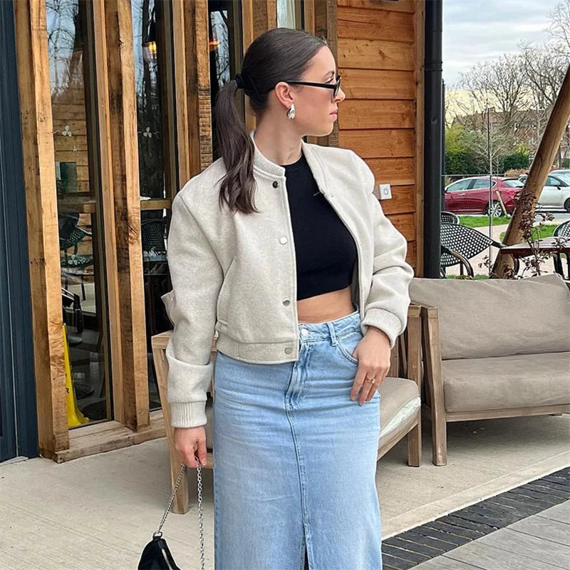 Jaqueta bomber feminina cropped TRAF, casacos de manga comprida, casacos elegantes de tweed, bege e preto, novidade em 2021, 2024