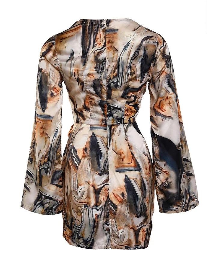Vestido com estampa abstrata de mármore feminino manga comprida, vestidos elegantes, decote em v, zíper, moda primavera e verão, 2024
