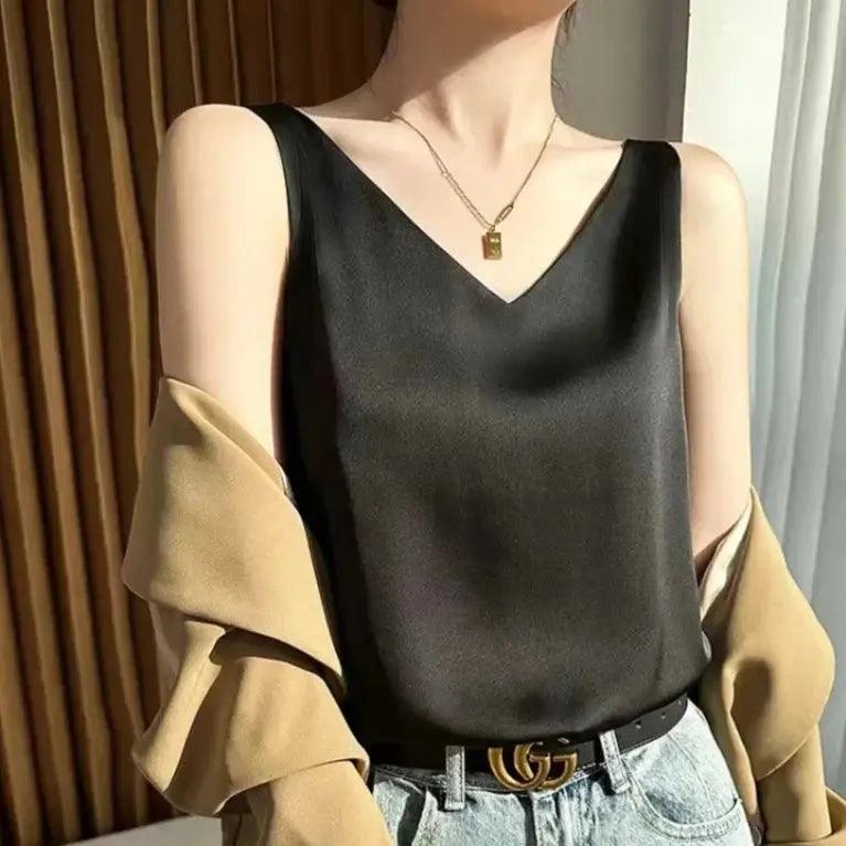Mulheres Cetim Seda Renda com Decote V Regatas Tops, Colete Sem Mangas, Blusa Casual, Camisa Lady, Verão, S-3XL