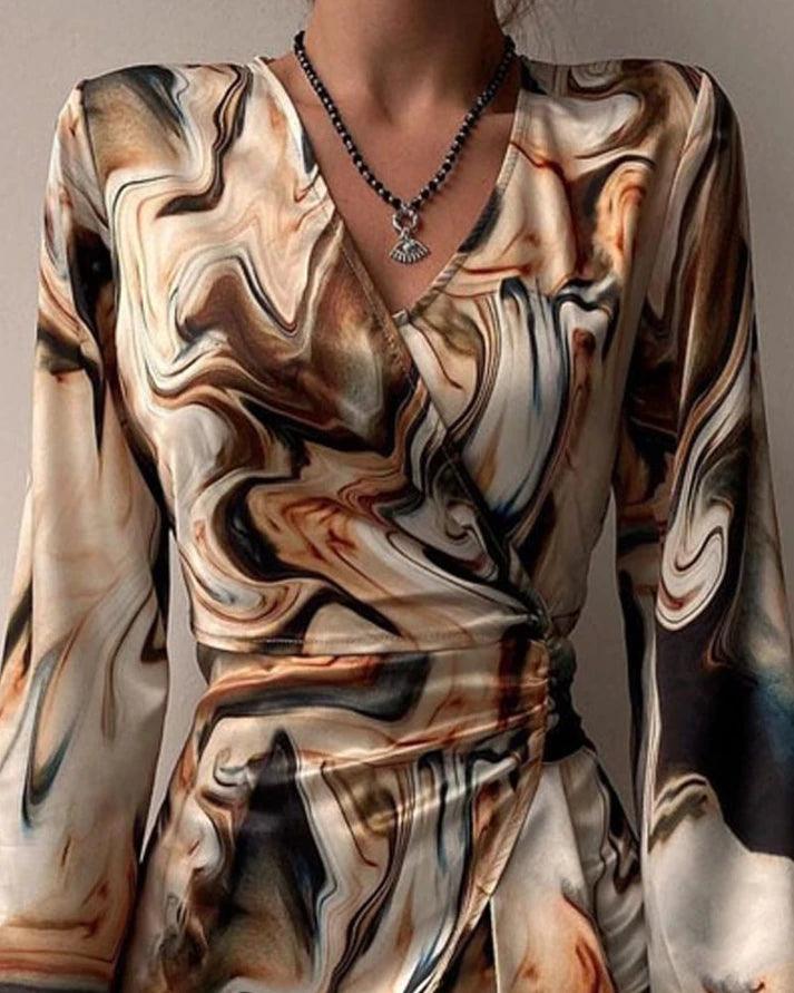 Vestido com estampa abstrata de mármore feminino manga comprida, vestidos elegantes, decote em v, zíper, moda primavera e verão, 2024
