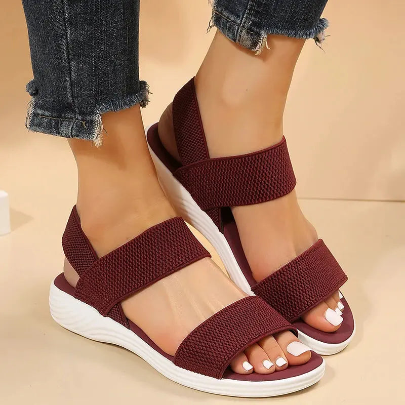 Sandálias femininas de tecido elástico de malha, sapatos de caminhada leves, deslizamento confortável, plus size, verão, 2023