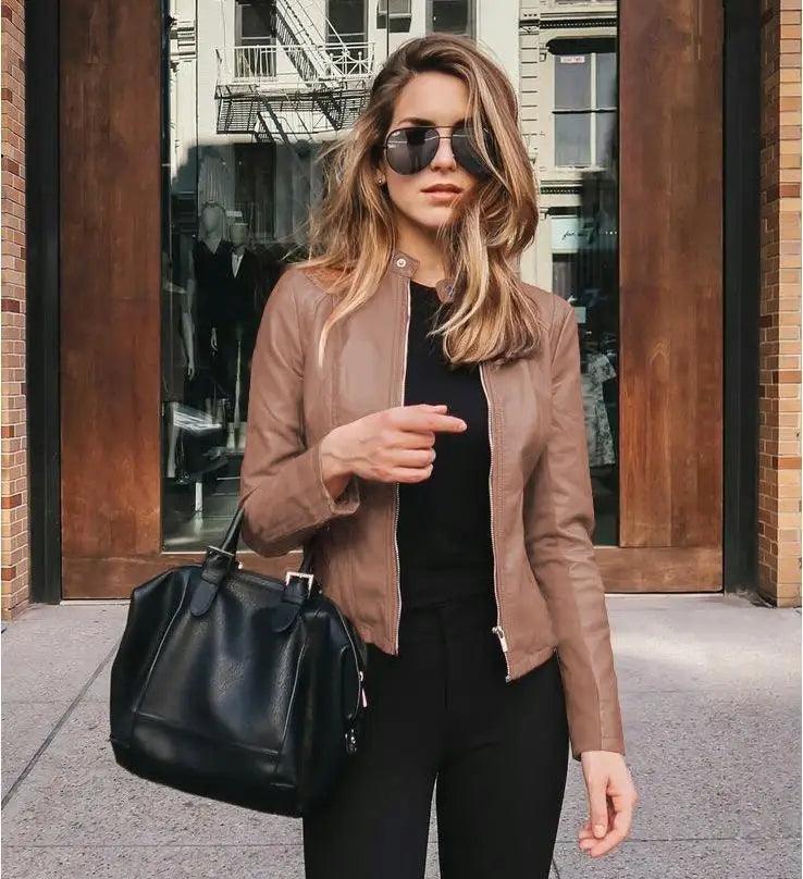 Outwear feminino de couro PU, jaqueta feminina curta e fina, casaco de bicicleta com zíper, moda outono e inverno 2024
