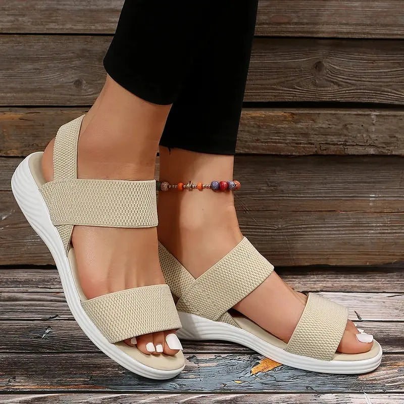 Sandálias femininas de tecido elástico de malha, sapatos de caminhada leves, deslizamento confortável, plus size, verão, 2023