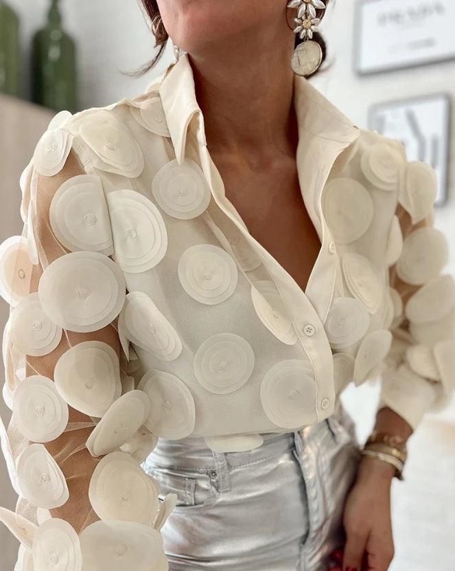 Top de manga comprida com padrão floral feminino, patch de malha semi-pura, botão casual, blusas elegantes soltas, na moda