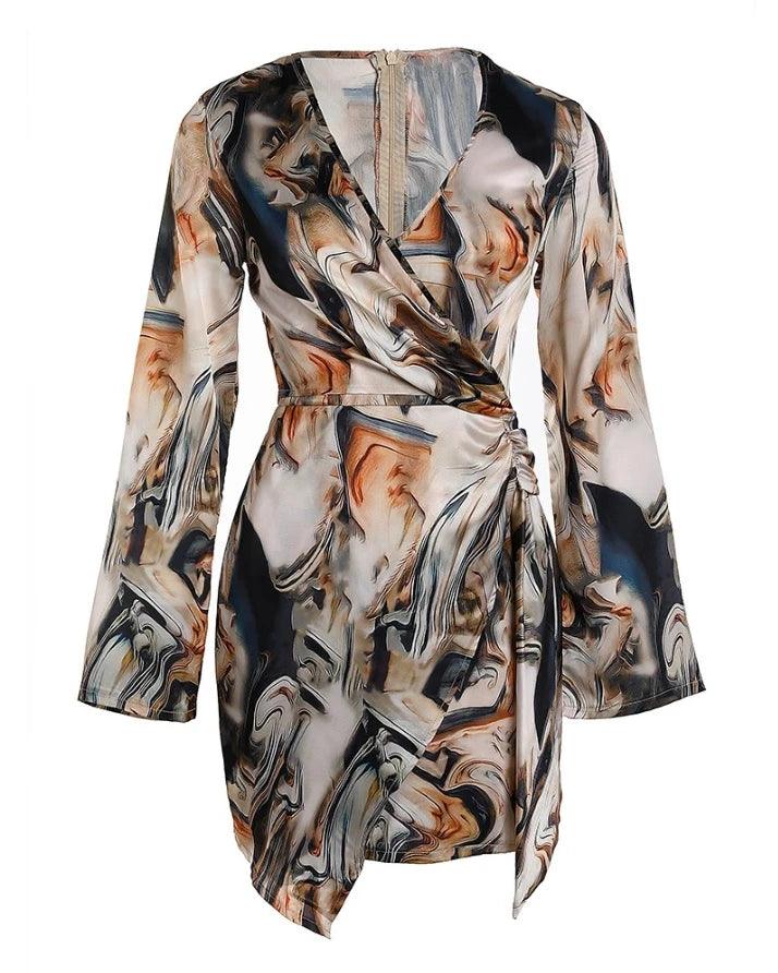 Vestido com estampa abstrata de mármore feminino manga comprida, vestidos elegantes, decote em v, zíper, moda primavera e verão, 2024