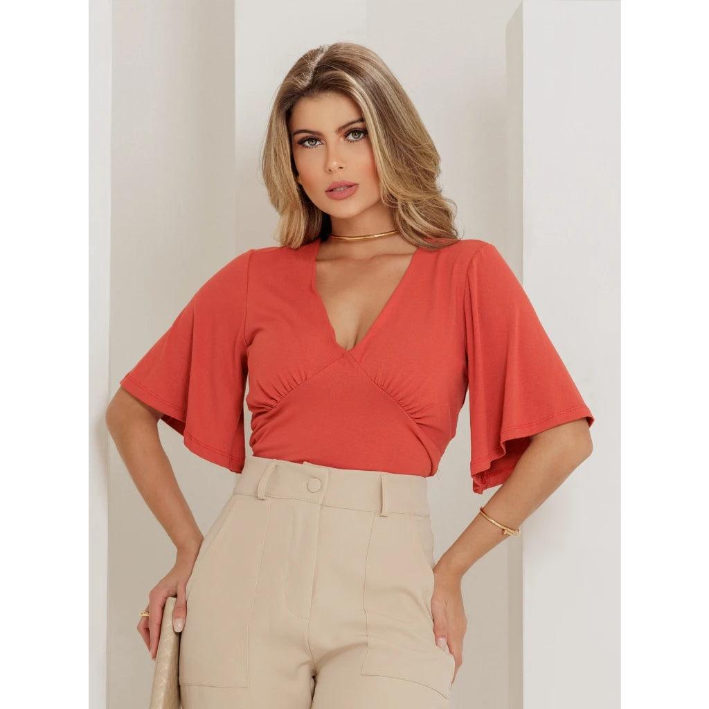 Blusa Cropped Decote V Manga Ampla Elegante Envio Rápido