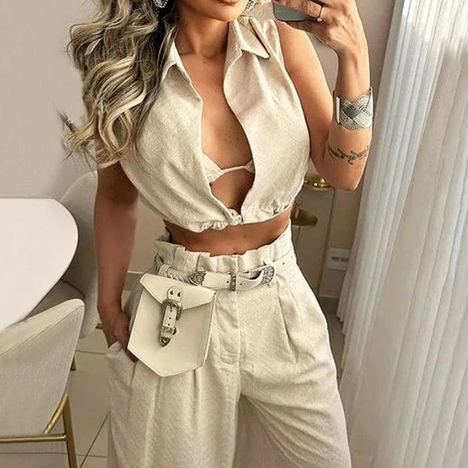 Conjunto de calças e camisola sem mangas para mulheres, elegante roupa monocromática, lapela sexy, moda casual de verão, novo, conjuntos 2 pcs, 2022