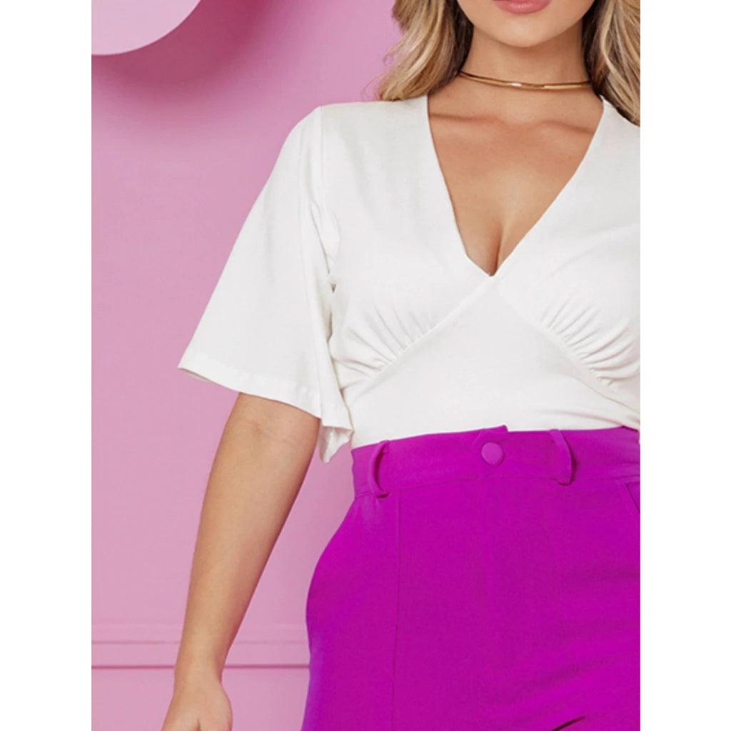 Blusa Cropped Decote V Manga Ampla Elegante Envio Rápido