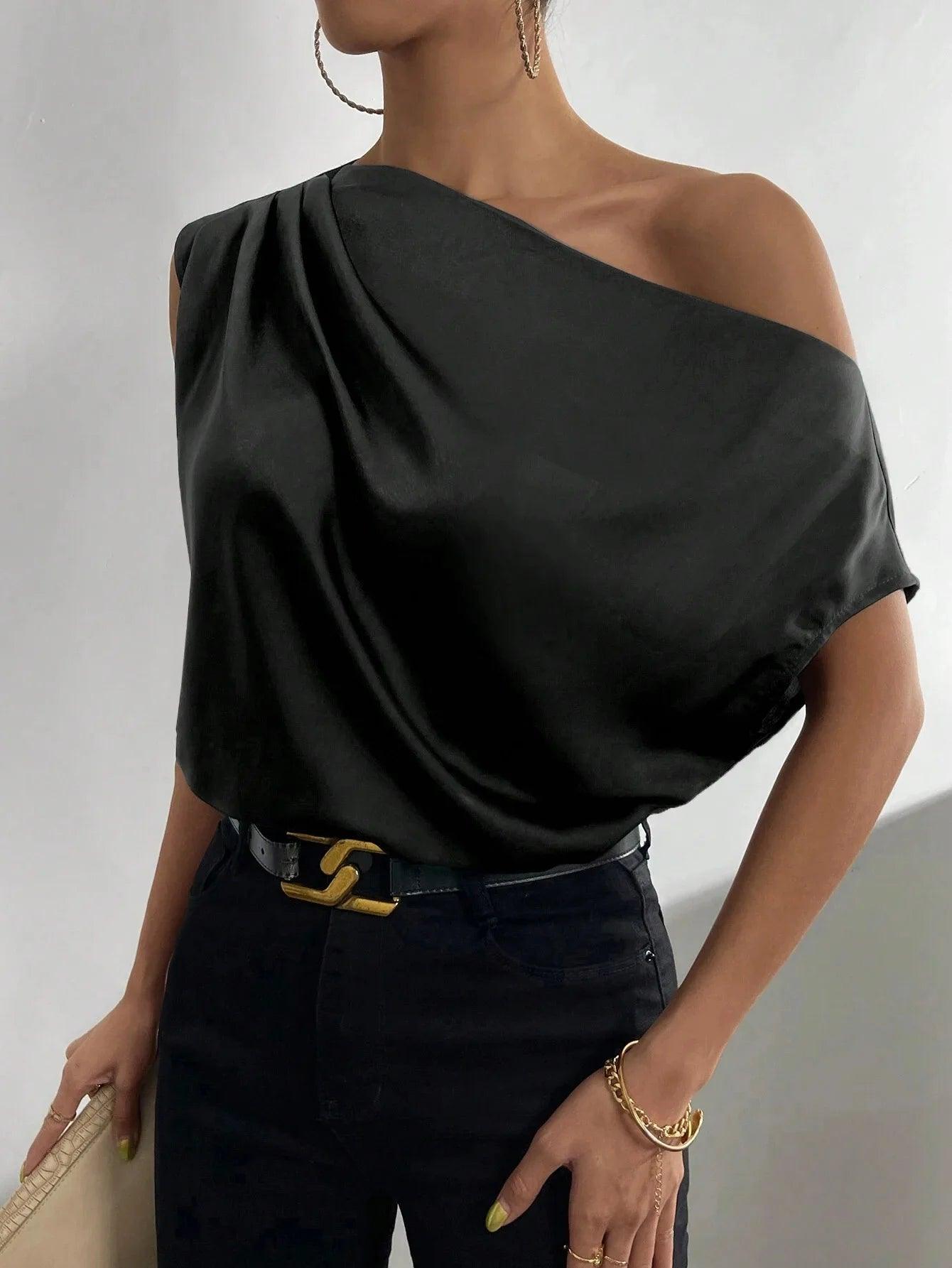 Blusa sexy feminina verão moda versátil inclinado pescoço dobrável ombro único assimétrico tanque superior Ж naoе Ру sikhl.). camiseta femme