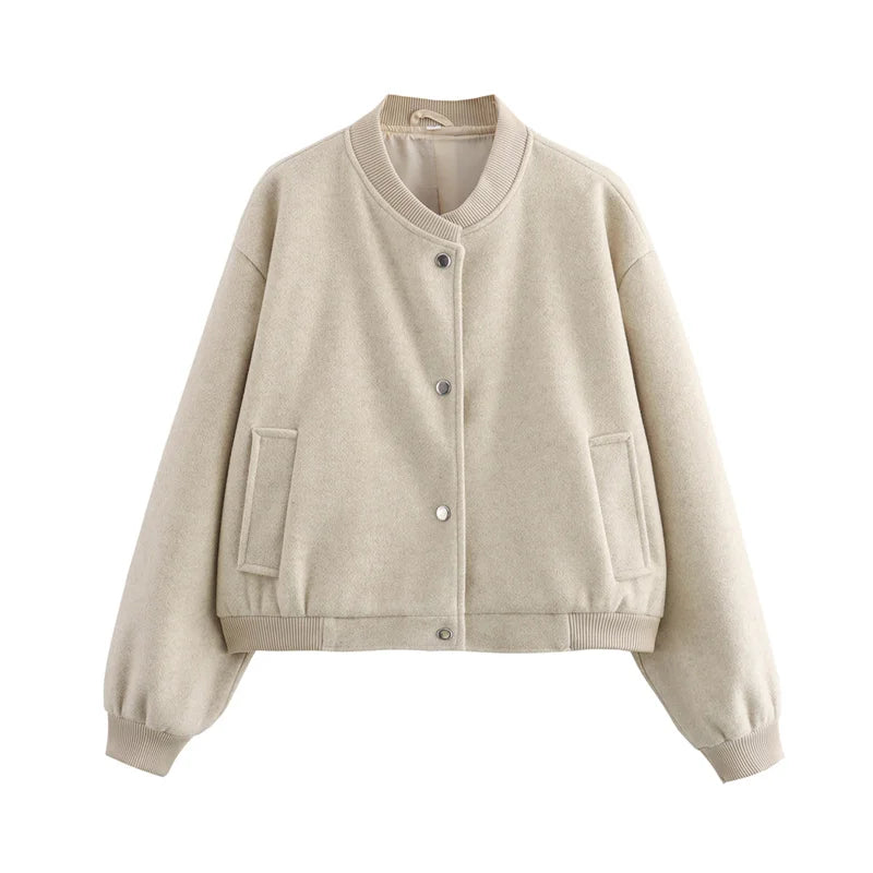 Jaqueta bomber feminina cropped TRAF, casacos de manga comprida, casacos elegantes de tweed, bege e preto, novidade em 2021, 2024
