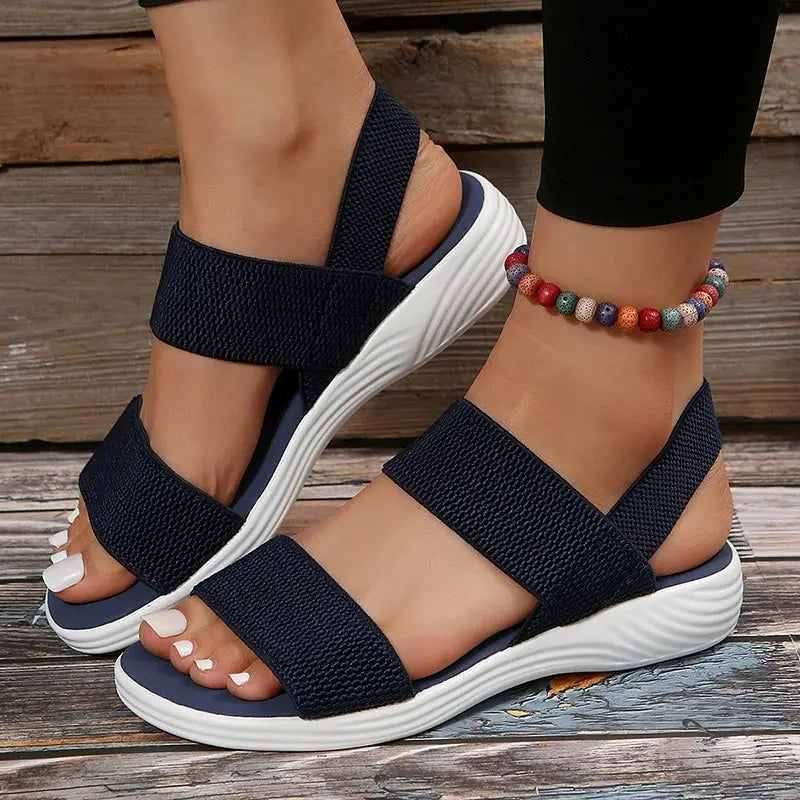 Sandálias femininas de tecido elástico de malha, sapatos de caminhada leves, deslizamento confortável, plus size, verão, 2023