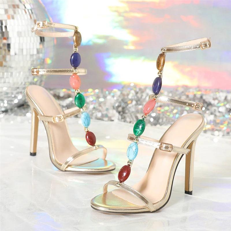Liyke-Sandálias gladiadoras estilo boêmio para mulheres, sapatos de grife de gema colorida, toe aberto de verão, banquete de casamento