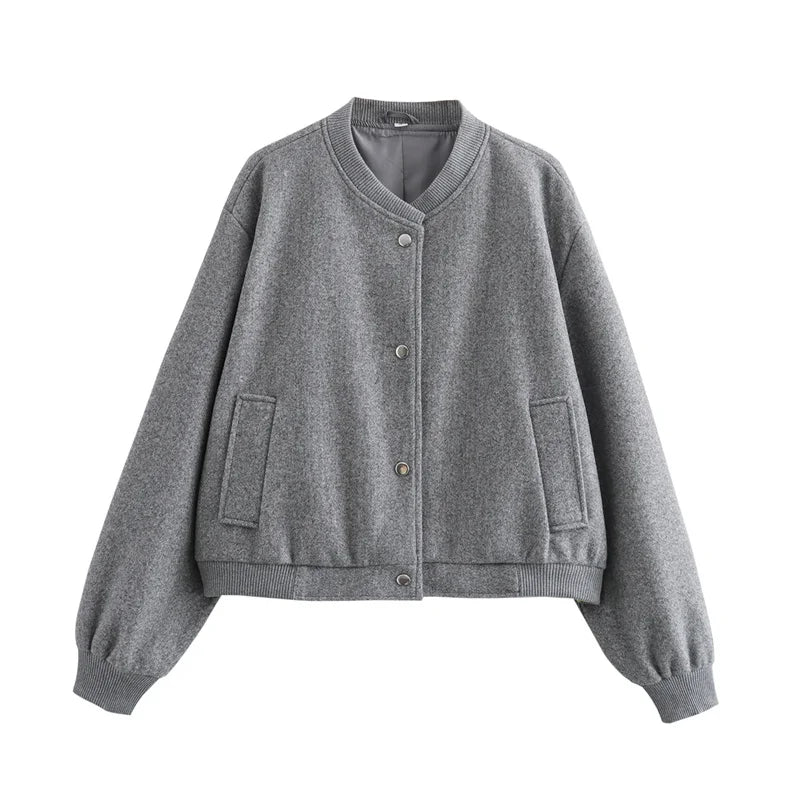 Jaqueta bomber feminina cropped TRAF, casacos de manga comprida, casacos elegantes de tweed, bege e preto, novidade em 2021, 2024