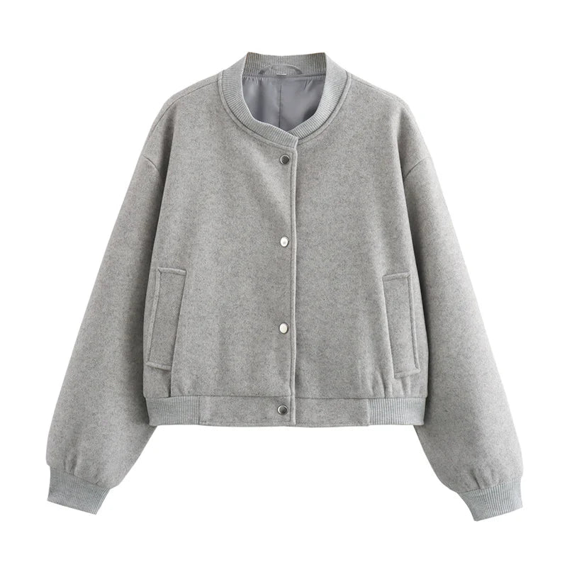 Jaqueta bomber feminina cropped TRAF, casacos de manga comprida, casacos elegantes de tweed, bege e preto, novidade em 2021, 2024