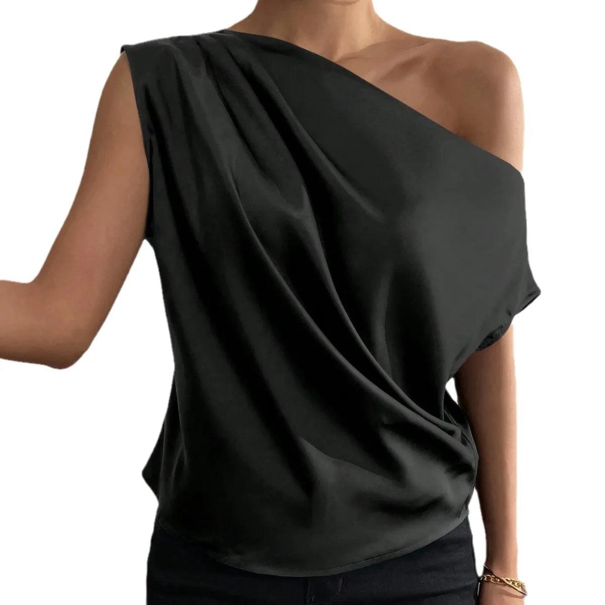 Blusa sexy feminina verão moda versátil inclinado pescoço dobrável ombro único assimétrico tanque superior Ж naoе Ру sikhl.). camiseta femme