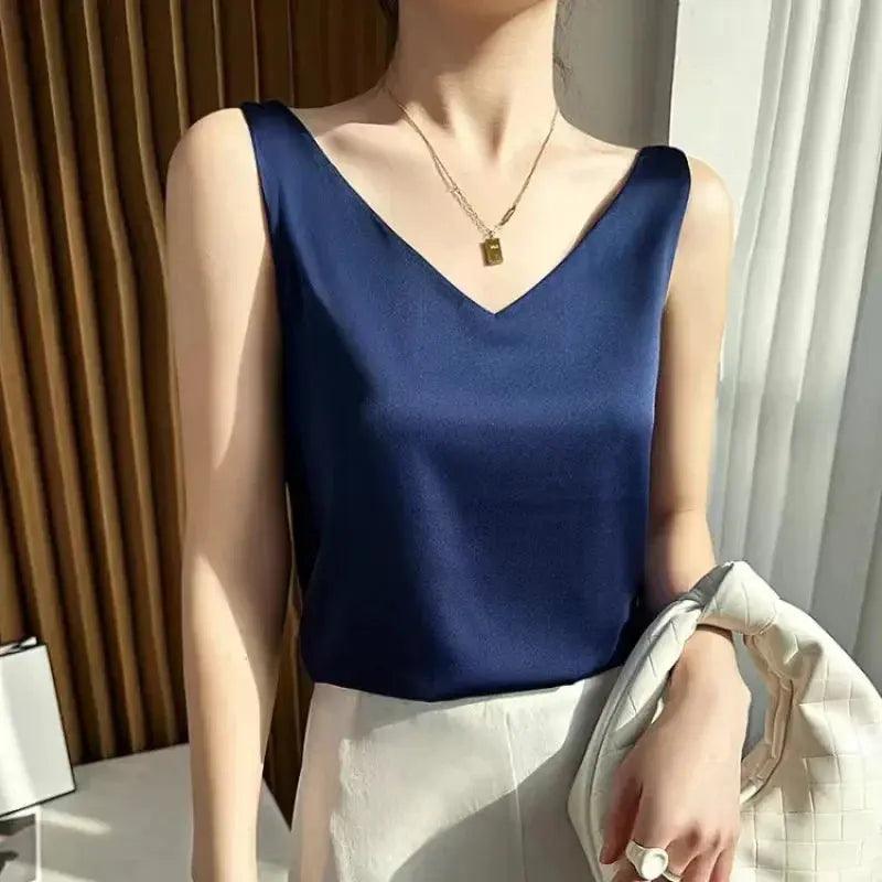 Mulheres Cetim Seda Renda com Decote V Regatas Tops, Colete Sem Mangas, Blusa Casual, Camisa Lady, Verão, S-3XL